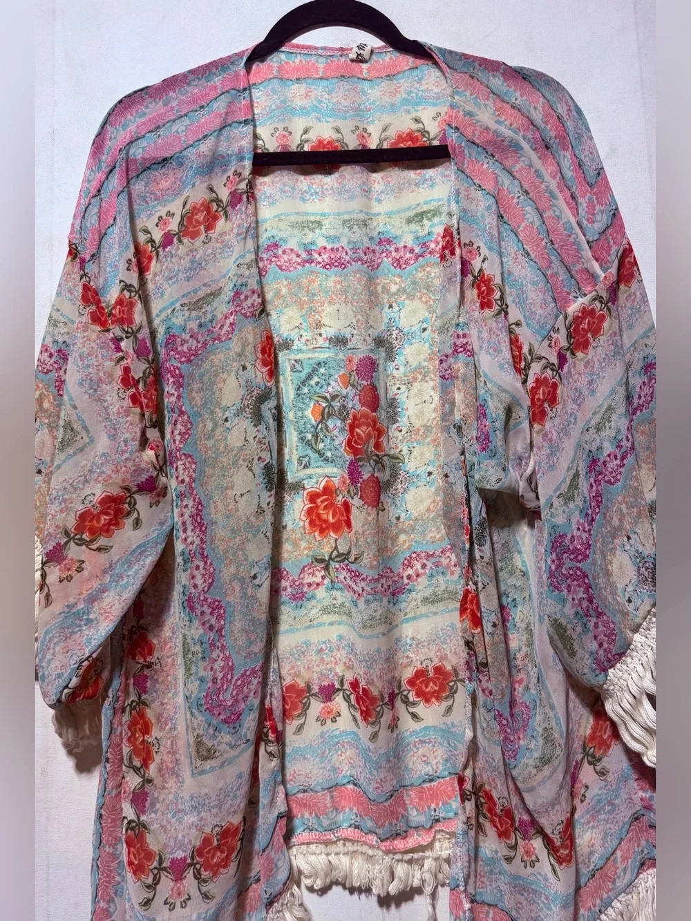 Floral Open-Front Fringe Kimono Shrug - Cream & Pastel Blue